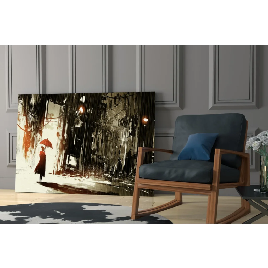 Modern abstract canvas wall art of person with red umbrella in earth tones