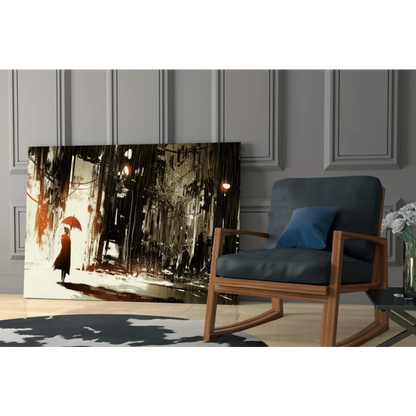 Modern abstract canvas wall art of person with red umbrella in earth tones