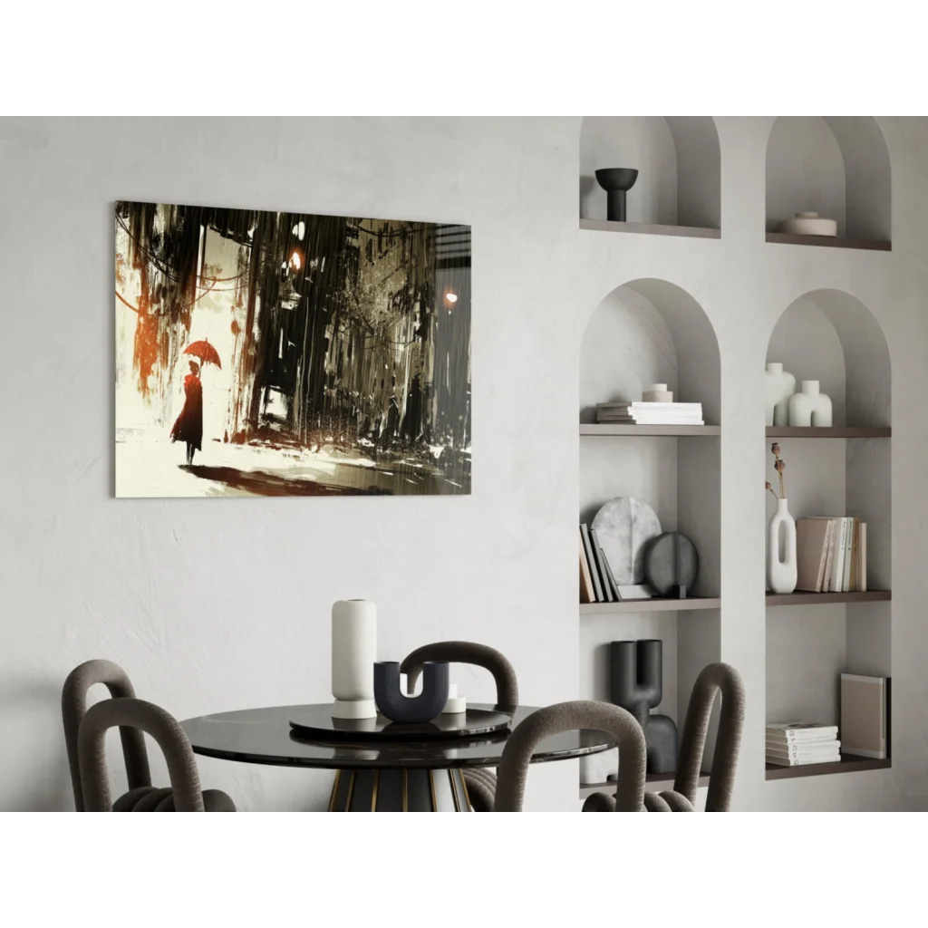 Stunning red umbrella canvas wall art above black round dining table