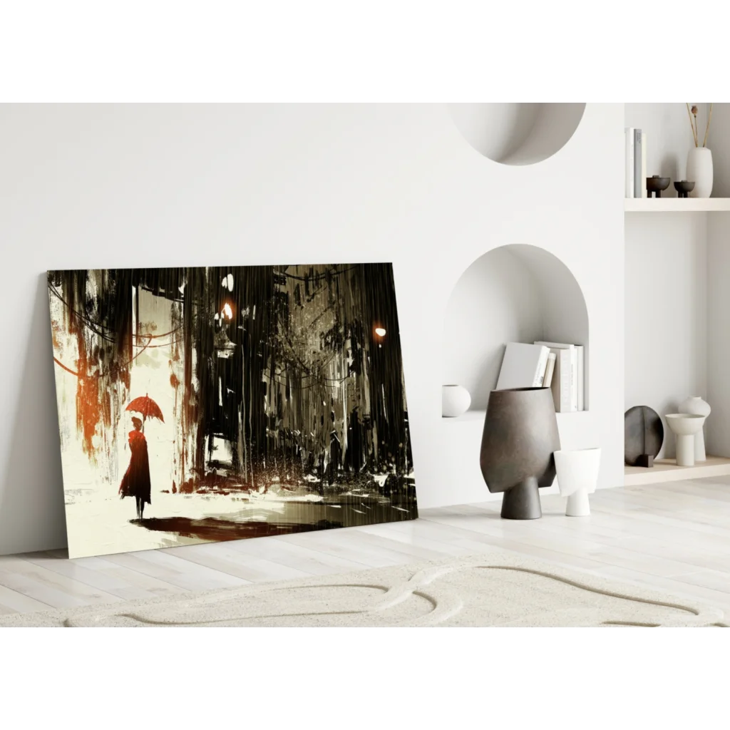 Brown black abstract wall art with stunning red umbrella canvas