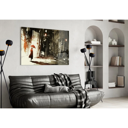 Stunning red umbrella wall art over black leather sofa with plaid throw