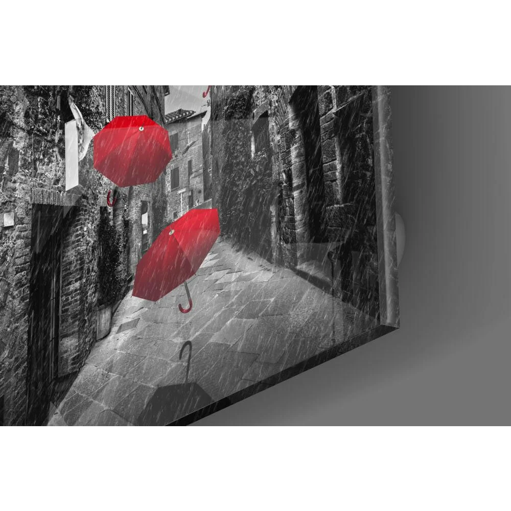 Stunning red umbrella glass wall art print on black and white background