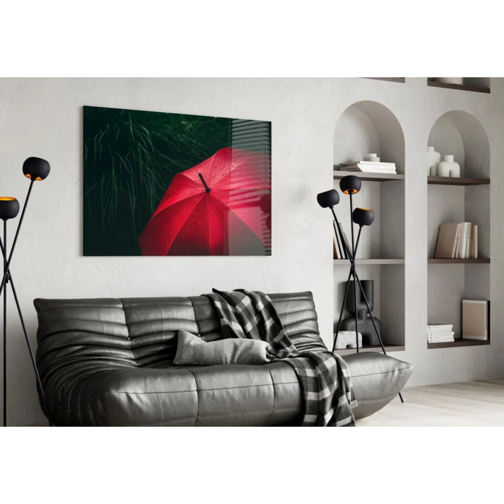 Vibrant red umbrella with rain drops canvas wall art print