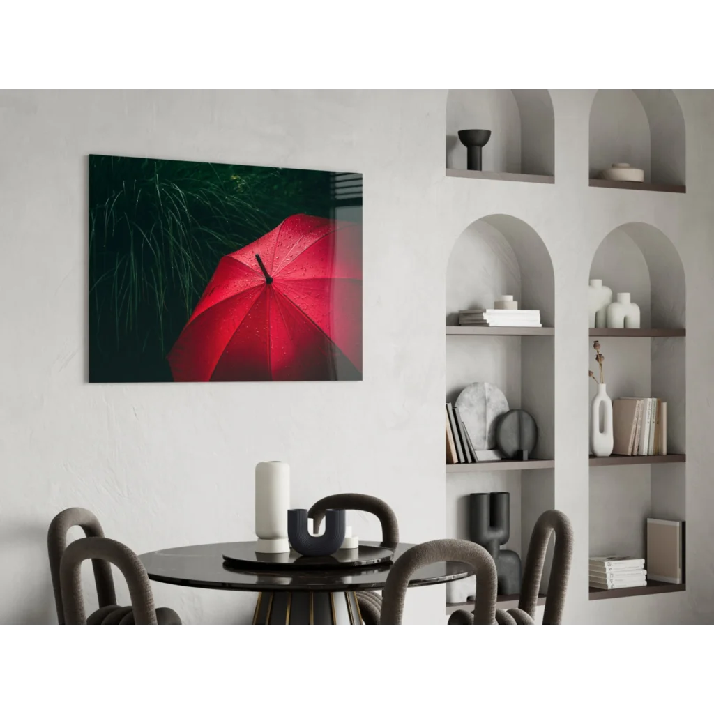 Vibrant red umbrella with rain drops as stunning canvas wall art print