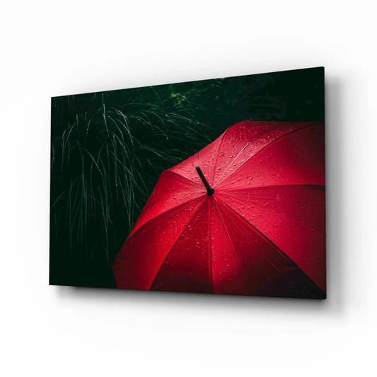 Vibrant red umbrella with rain drops on canvas wall art print