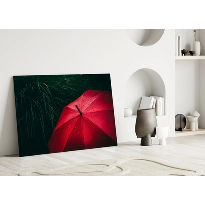 Vibrant red umbrella with rain drops on glass wall art print