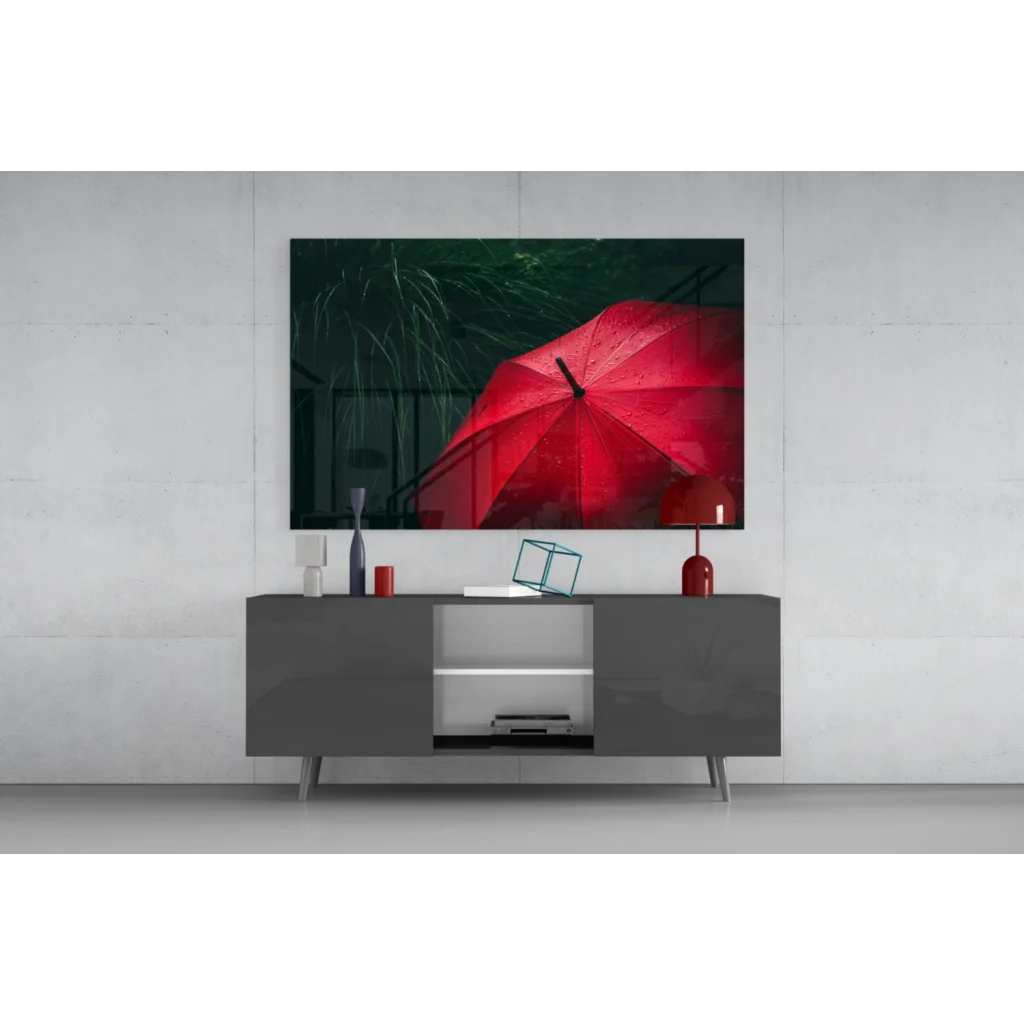 Vibrant red umbrella with rain drops canvas wall art print
