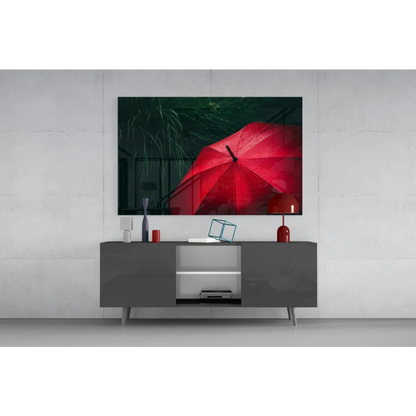 Vibrant red umbrella with rain drops canvas wall art print
