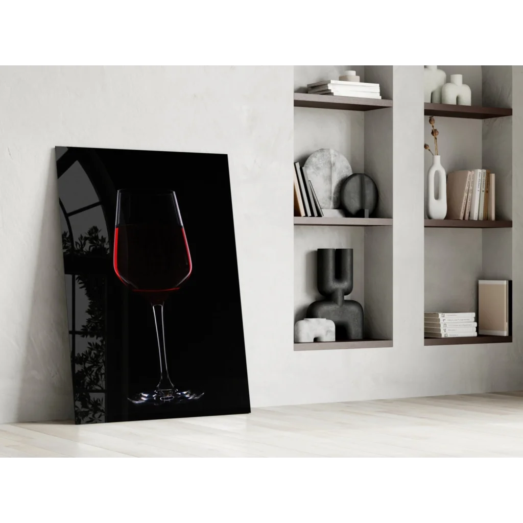 Stunning black wine glass wall art print with red rim and elegant frame