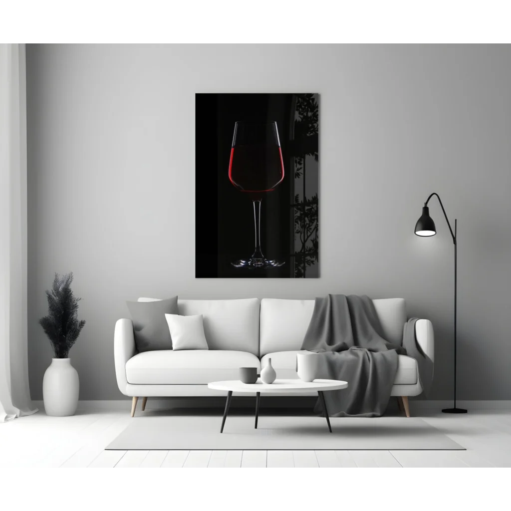 Stunning red wine glass wall art print in white frame on black background