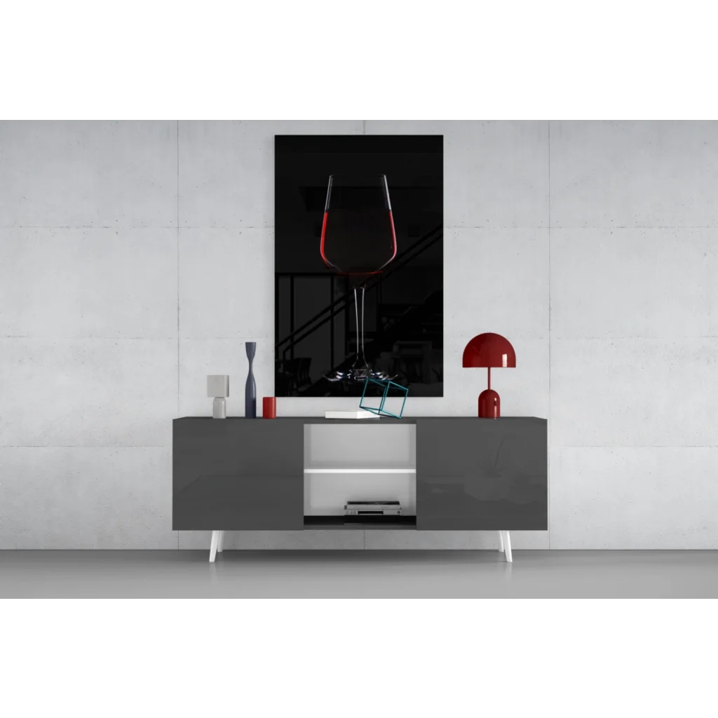 Modern gray and white sideboard with sleek legs in glass wall art print