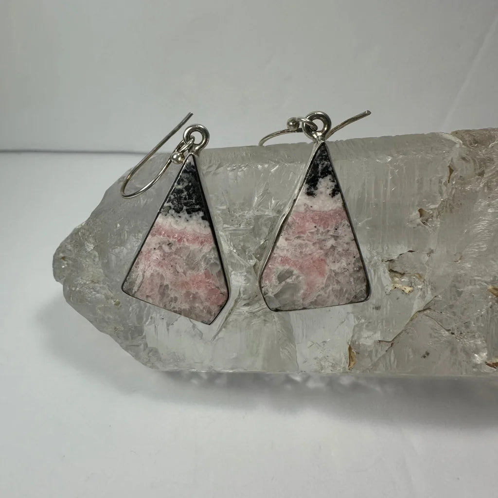 Triangular pink and black rhodonite earrings with silver hooks