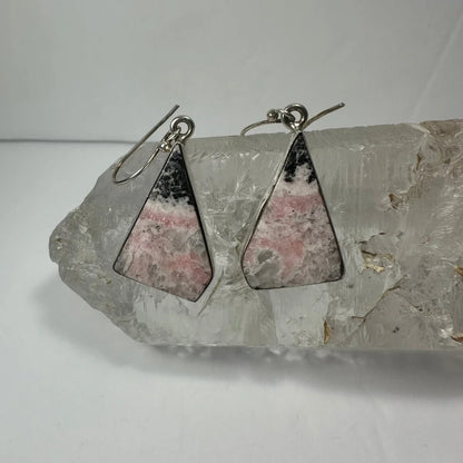 Triangular pink and black rhodonite earrings with silver hooks