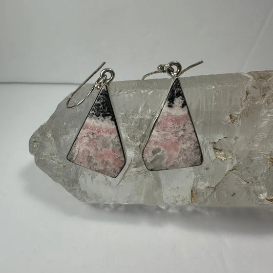 Triangular pink and black rhodonite earrings with silver hooks