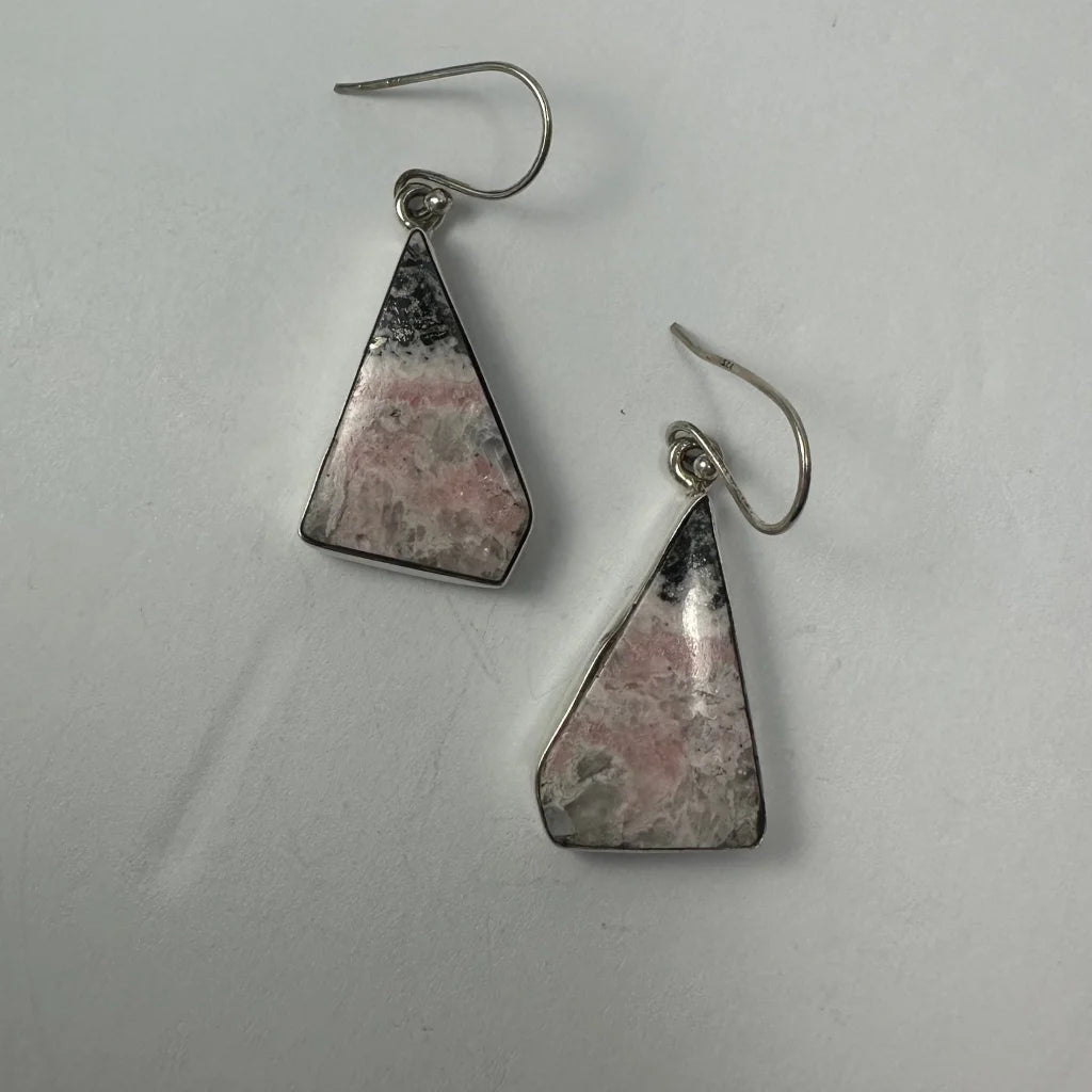 Stunning silver rhodonite earrings with pink and gray triangle inlay