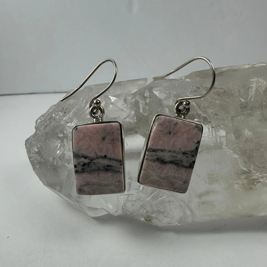 Stunning rectangular rhodonite earrings in pink gray stone with silver hooks