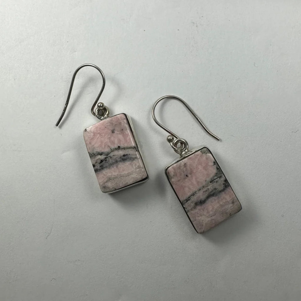Stunning rhodonite earrings: rectangular pink gray stone with silver hooks