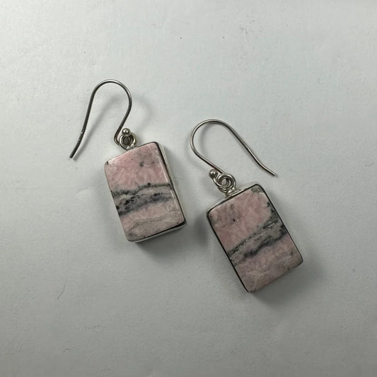 Stunning rhodonite earrings: rectangular pink gray stone with silver hooks