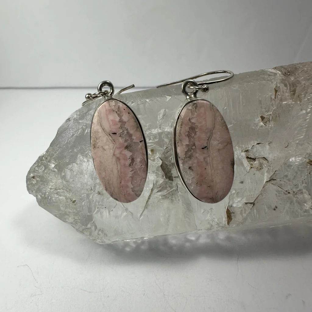 Stunning rhodonite earrings in sterling silver with pink gray veined stones