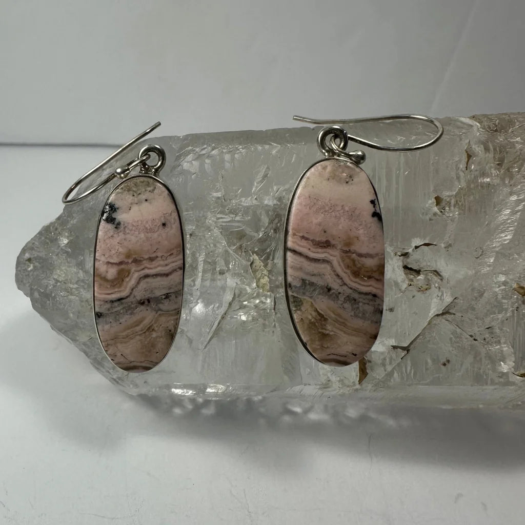 Elegant rhodonite stone drop earrings in sterling silver, oval pink and brown layers