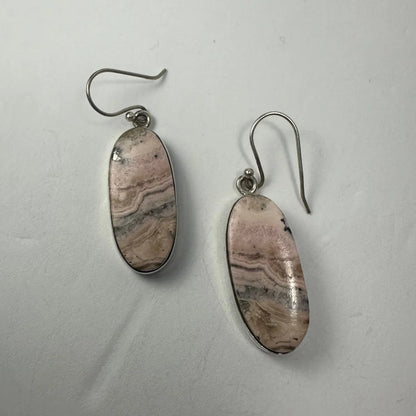 Stunning rhodonite stone drop earrings in sterling silver with pink gray stripes