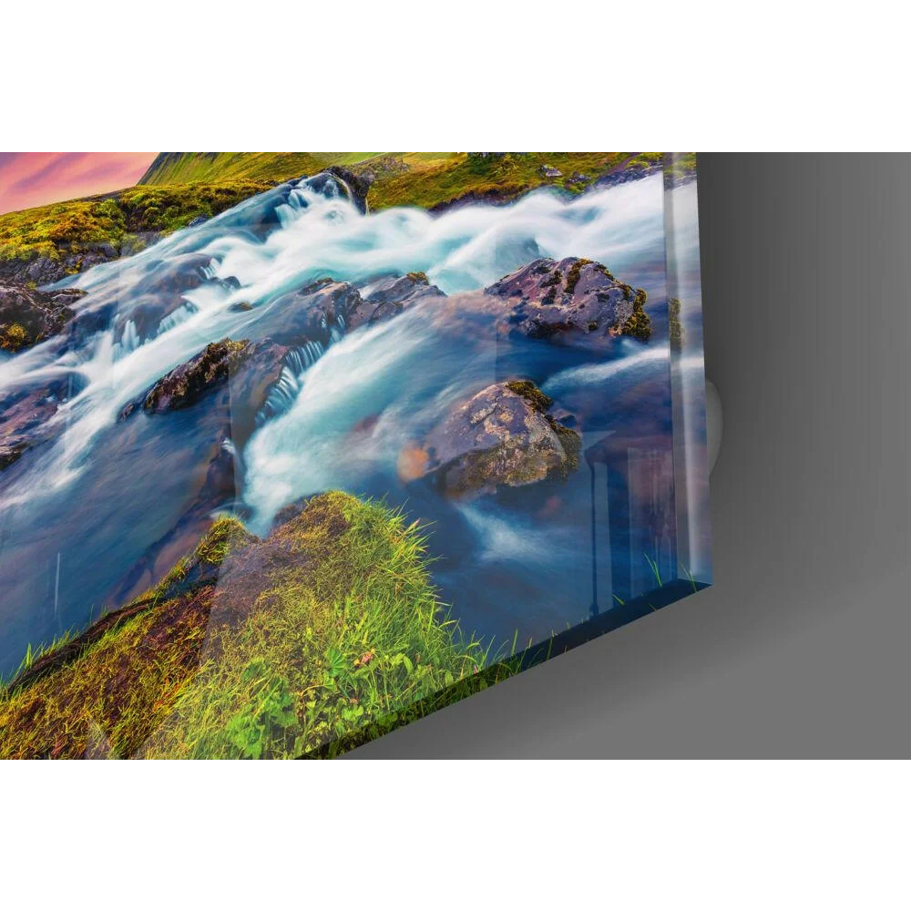 Vibrant glass wall art of flowing river with green moss and blue water