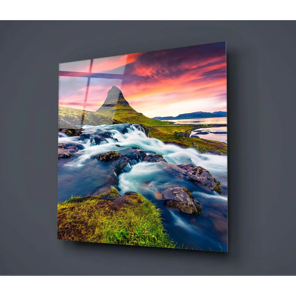 Vibrant river mountain glass wall art with modern design
