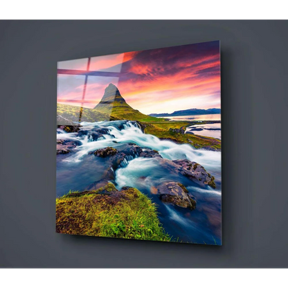 Vibrant river mountain glass wall art with modern design