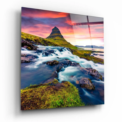 Vibrant green Kirkjufell glass wall art with flowing river
