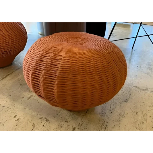 Round woven wicker ottoman with nautical cord design from Roberta Schilling Rosenbaum stool