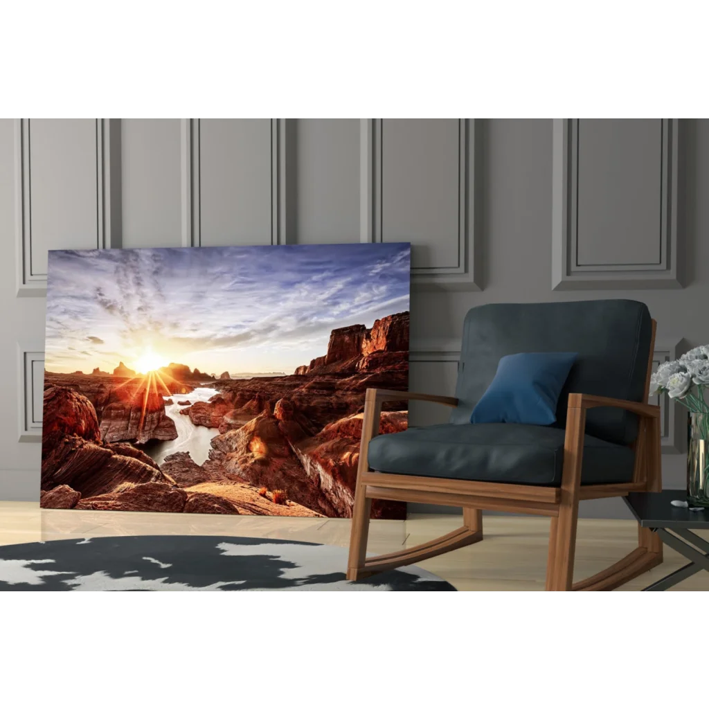 Stunning desert sunset canvas wall art with red rocks and blue sky
