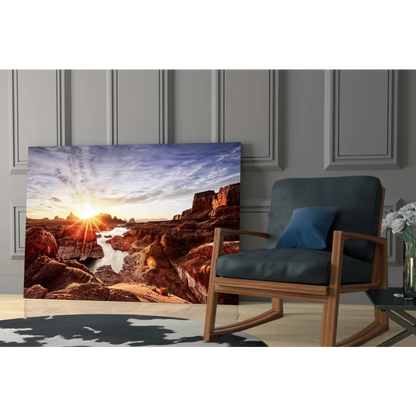 Stunning desert sunset canvas wall art with red rocks and blue sky