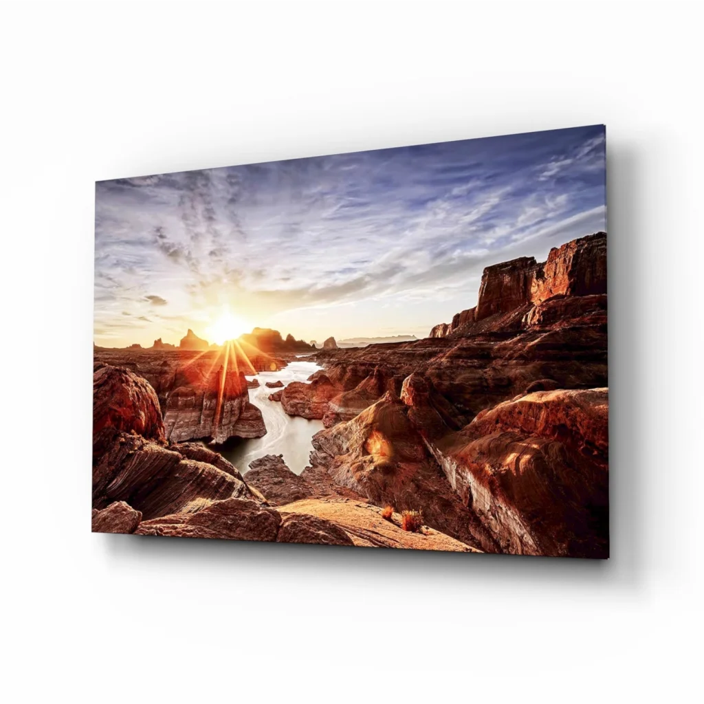 Stunning rocky desert sunset canvas wall art print in warm hues