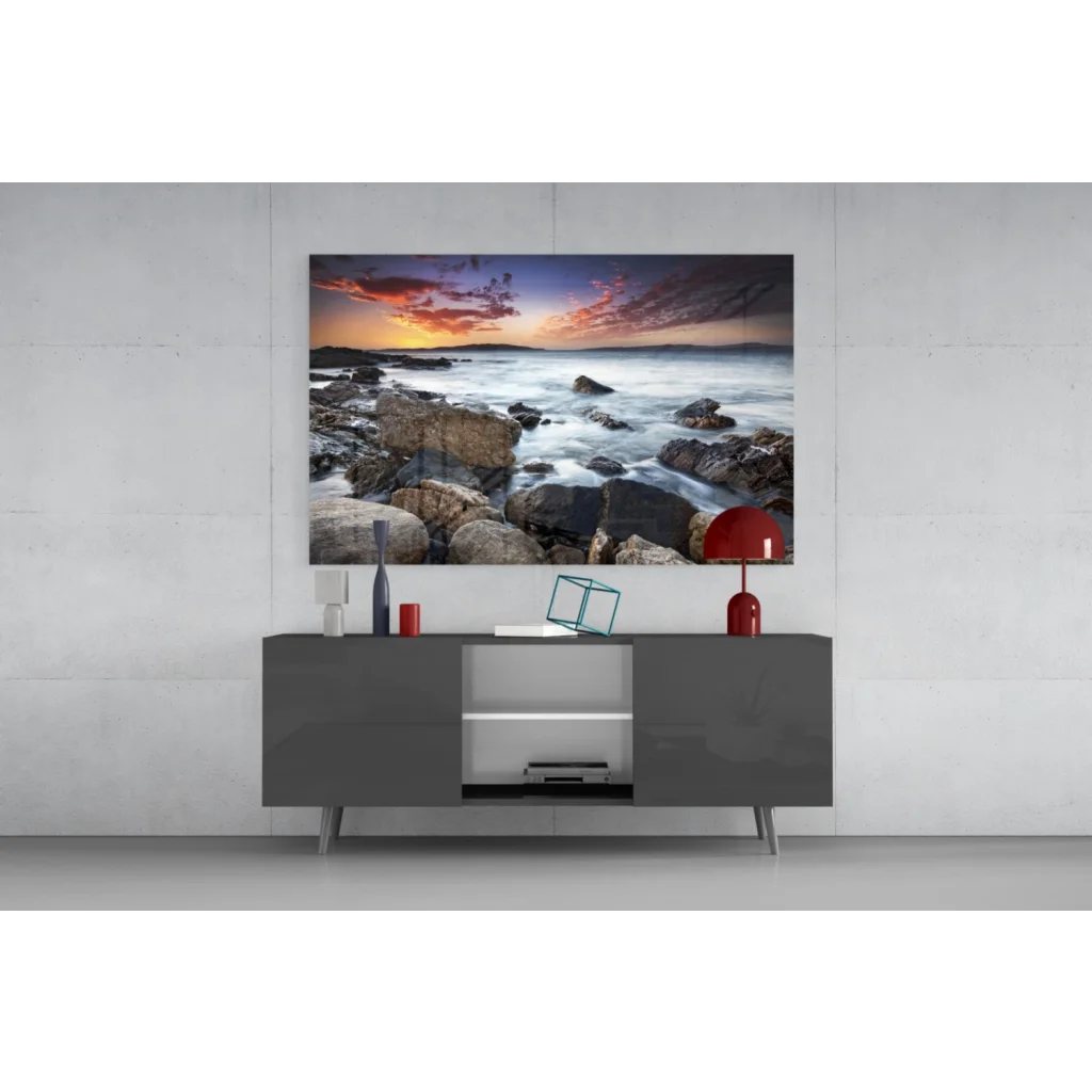 Vibrant Rocky Beach Sunset Glass Wall Art with Samsung QLED TV