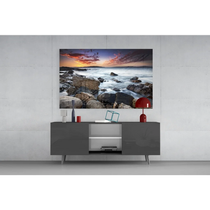Vibrant Rocky Beach Sunset Glass Wall Art with Samsung QLED TV