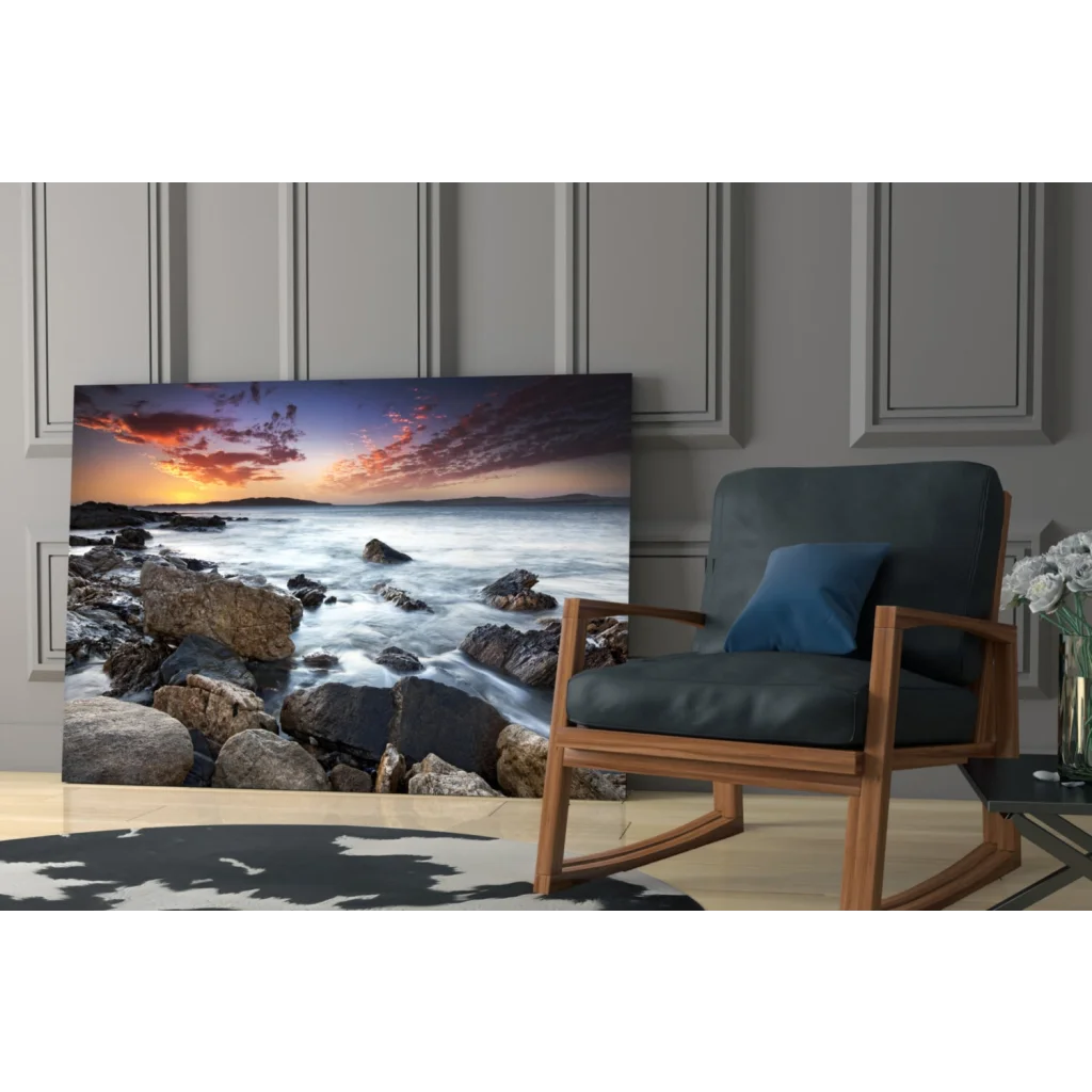 Vibrant rocky beach sunset wall art on 32-inch Samsung QLED TV