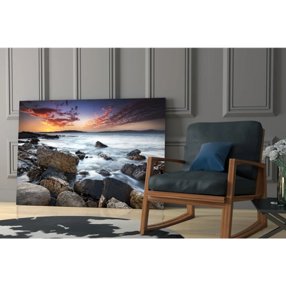 Vibrant rocky beach sunset wall art on 32-inch Samsung QLED TV