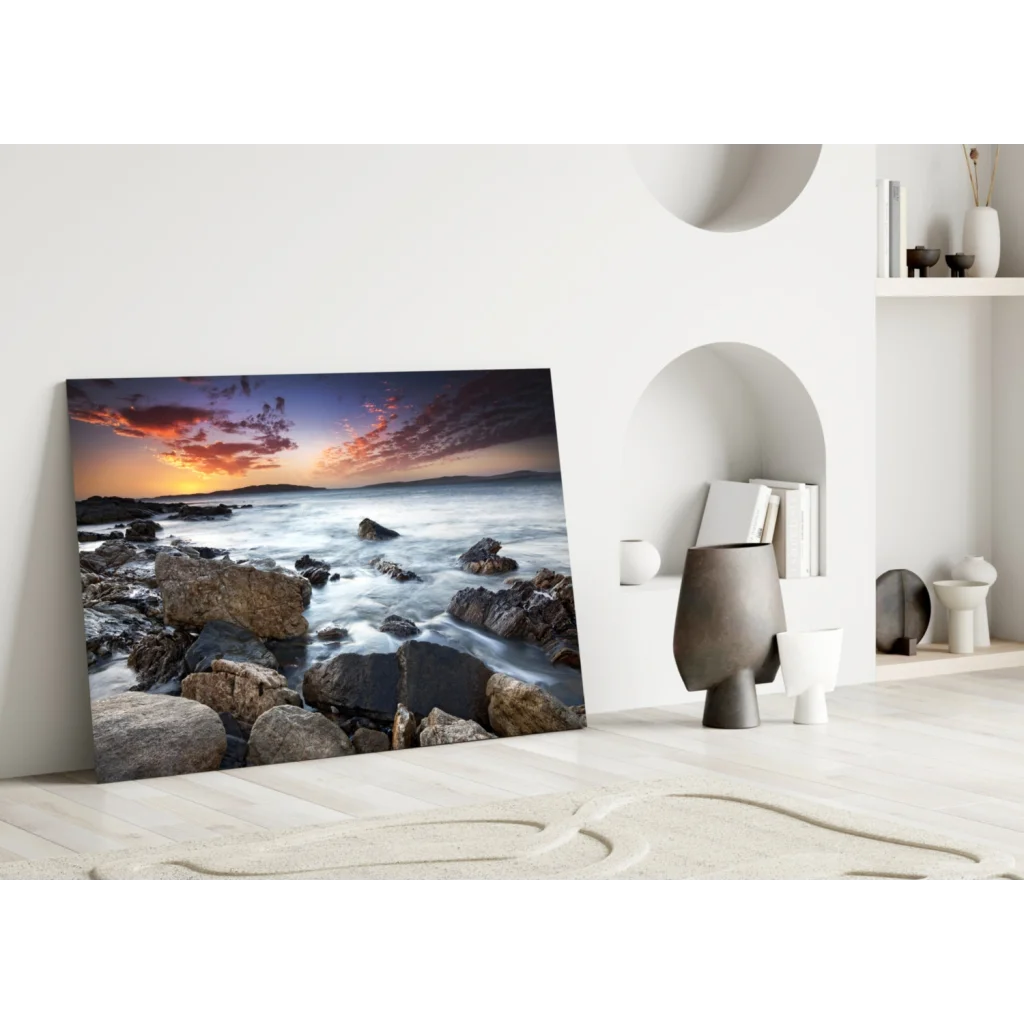 Vibrant rocky beach sunset canvas wall art print