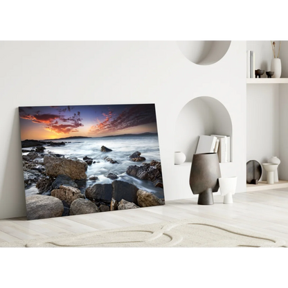 Vibrant rocky beach sunset canvas wall art print