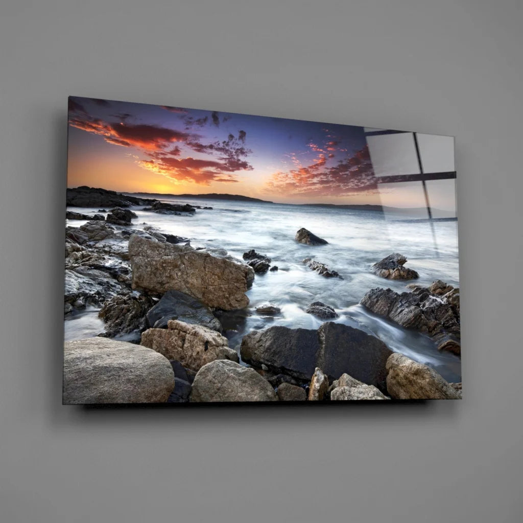 Vibrant rocky beach sunset canvas wall art print