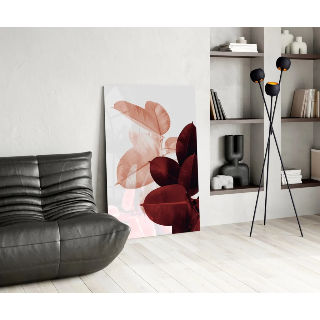 Modern rose gold leaf wall art print with pink red leaves on white canvas