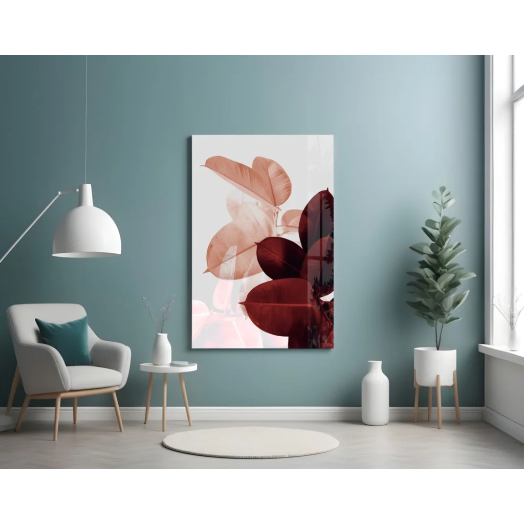 Modern pink red leaf wall art canvas print for homes