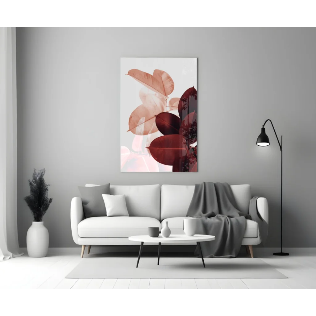 Modern rose gold leaf wall art print on white, mounted on gray wall