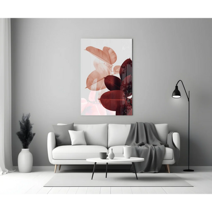 Modern rose gold leaf wall art print on white, mounted on gray wall