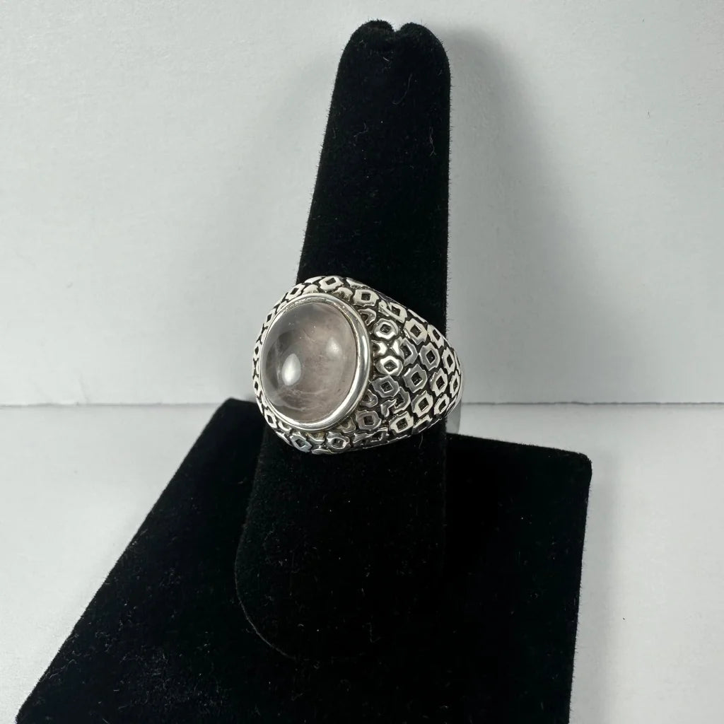 Stunning rose quartz ring in sterling silver filigree band