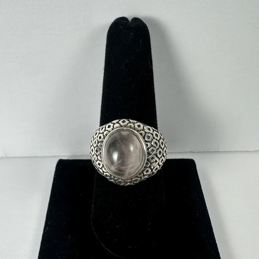 Stunning rose quartz ring in sterling silver filigree band