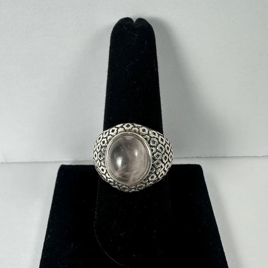 Stunning rose quartz ring in sterling silver filigree band