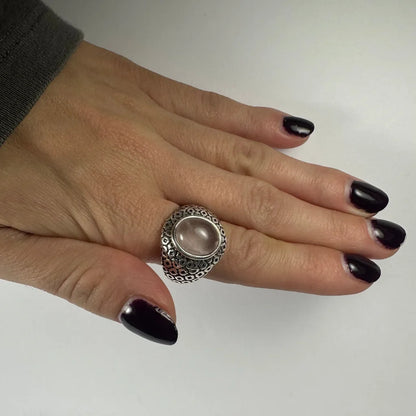 Stunning rose quartz ring in sterling silver filigree band