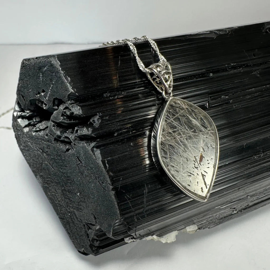 Stunning silver filigree rutilated quartz teardrop pendant