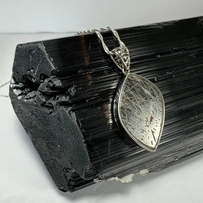 Stunning silver filigree rutilated quartz teardrop pendant